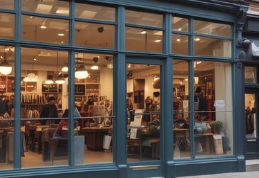 A dry cleaning shop named 'HLP Cleaners' is located on a dimly lit street. The store has a prominent sign above the entrance, and its windows are illuminated with a warm yellow light. A sign on the door lists services such as dry cleaning, laundry, and suede & leather cleaning. The building exterior is simple with a combination of dark tiles and light-colored upper walls. The entrance is flanked by two closed doors, likely of neighboring establishments.