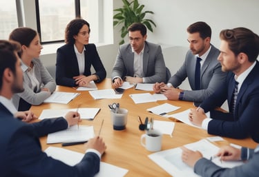 A person in a dark blue suit bends over a table with a laptop, interacting with another person seated and talking on a phone. They are both wearing masks. In the background, a woman dressed in black is also on the phone, standing nearby. The setting appears to be outdoor with an urban backdrop.