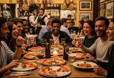 a group of friends having a fun time while eating pizza and drinking wine.