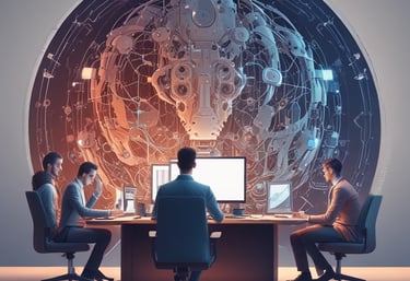 Large blue letters 'AI' stand prominently on a surface covered with a pattern of hexagonal shapes. Dark swirling lines intersect around the letters, creating a sense of motion and complexity. The background has a metallic sheen with a futuristic, digital style.