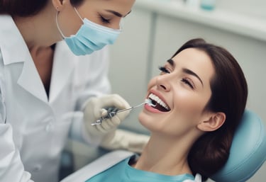 Two dental professionals are attending to a patient seated in a dental chair. The room is equipped with dental instruments and appears clean and clinical. One professional, wearing a mask and blue gloves, stands next to the patient, while another, also masked, works on the patient's head area.