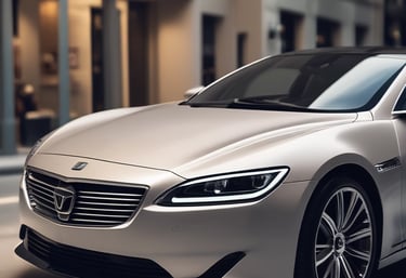 A luxury car with a shiny exterior is parked indoors. The vehicle features sleek lines, a prominent grille with a logo on top, and polished metallic accents. The lighting enhances its glossy surface, emphasizing the car's premium design and elegance. The background is subtly illuminated, with some greenery partially visible.