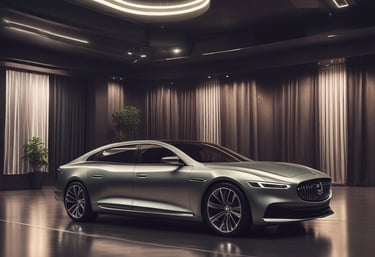 A luxury vehicle in a showroom setting, with a prominent front grille and sleek design. The environment is well-lit, showcasing multiple high-end cars on display.