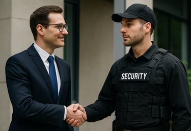 Security company manager shaking hands with a tactical operator – professional agreement for staffin