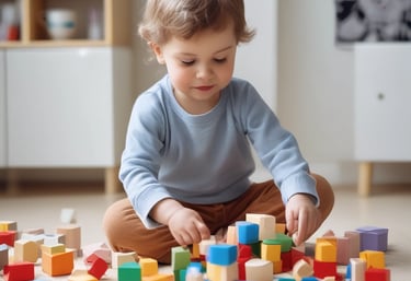 A colorful classroom with small tables and chairs, bright decorations, and educational materials. Children's artwork is displayed on the walls, and there are playful elements like painted benches and a vibrant alphabet rug.