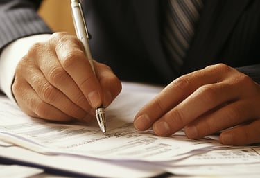 a man in a suit and tie is writing on a piece of paper