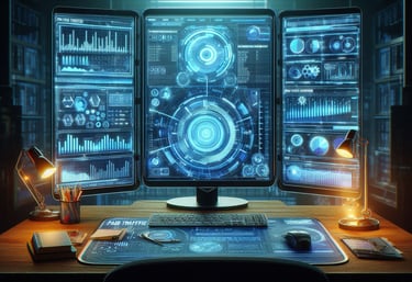Três telas de computador, lado a lado, exibindo gráficos de desempenho e dashboards de dados