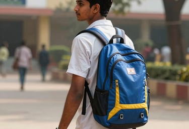 A vibrant photograph of a South Asian college student walking through a sunlit university campus in India, carrying a modern blue and yellow backpack.