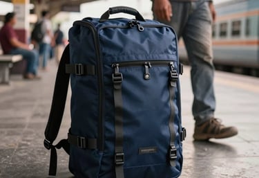 A high-action photograph of a durable navy blue travel rucksack placed beside a traveler at a bustling South Asian train station, catching the warm evening light.
