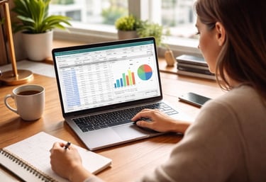 A woman analyzing business data and financial charts on a laptop screen at a wooden desk.