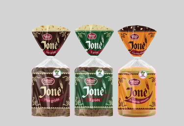 three bread bags in a row, brown, green and orange colors