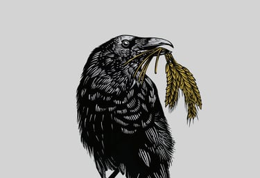  woodcut style illustration of a Crow carying barley plants