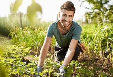 Un homme heureux dans son potager
