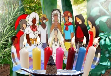 Ilustração que representa as 7 linhas da Umbanda, velas, ervas, incenso e cristais.