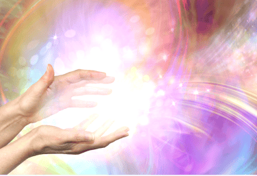 Ilustração de uma fonte de energia saindo das mãos de uma pessoa durante um processo de emanação.