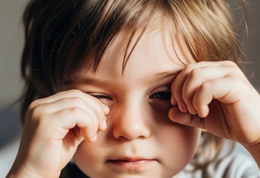 Child rubbing eyes after effects of screen time showing possible signs of vision problems.