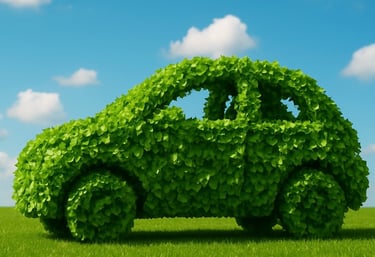 a Green car made out of leaves and leaves