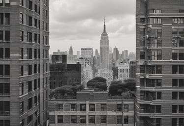 A view of the upper floors of a light-colored building with multiple windows and ornate architectural details. A red and white 'For Sale' sign with contact information is visible on the building's facade. The building is surrounded by greenery, and there are overhead utility lines. The sky above is partly cloudy with patches of blue.