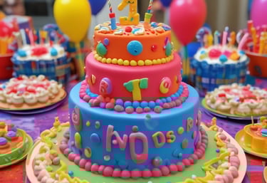 Large, colorful inflatable figures resembling cartoon characters are displayed outdoors near a waterfront. The inflatables include a character sitting on a banana and another with a large toadstool cap. The background features a city skyline with tall buildings and a cloudy sky.