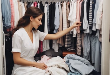 A set of cleaning products is arranged on a light-colored marble surface. The items include two metal spray bottles, a small glass bottle with a liquid, a natural bristle brush, and a cloth with dark stripes. Sunlight filters through leaves, casting dappled shadows on the surface.