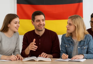 a group of people sitting at a table with books