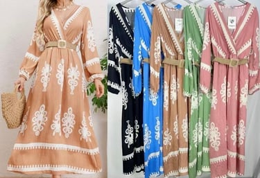 a woman wearing a long sleeved dress with a belted belt