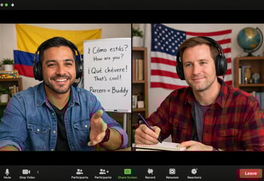 a colombian teacher is teaching colombian spanish to a white person from USA