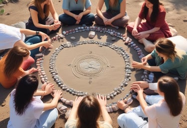 A cozy workshop setting with participants engaged in a spiritual class surrounded by nature.