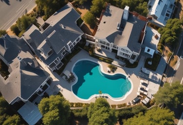 Aerial view of a vibrant outdoor wedding with guests and decorations visible.