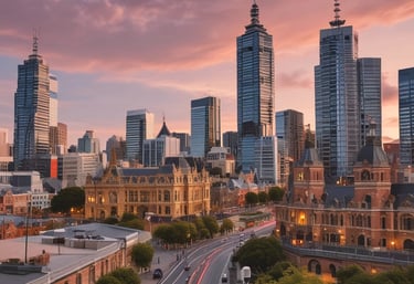 a Melbourne skyline view of with tall buildings