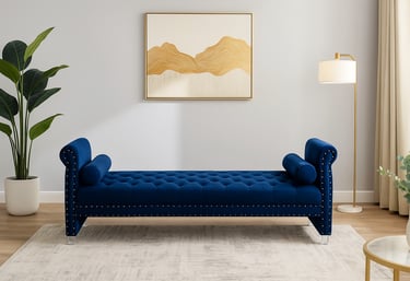a blue bench with a blue bench in the middle of a room apex furniture