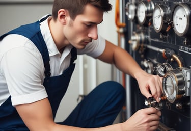 A large industrial space with massive machinery, including engines and generators. Two workers are operating and maintaining the equipment on a checkered floor under a high ceiling with steel beams.