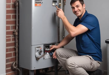A rusted, old industrial furnace or boiler is situated in a dilapidated, abandoned setting. The ground is covered with debris and dust, including a large, partially visible sack with orange writing and a metallic pipe fitting. The atmosphere suggests neglect and decay.