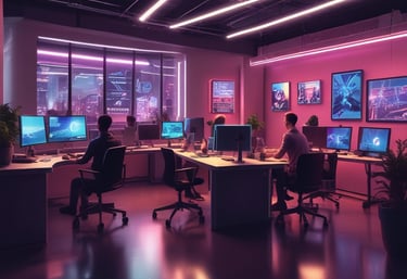 A futuristic office space with digital screens and creative professionals collaborating on marketing strategies.
