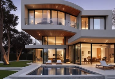 A luxurious multi-story residential building with a waterfront location, surrounded by palm trees and clear blue water. The architecture is elegant with arched windows and a light color palette.