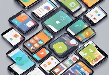 A laptop computer displaying a website on its screen is placed on a light wooden surface. Nearby are a blue smartphone, a smartwatch with a dark blue band, a blue folder, a white notepad, and a black pen.