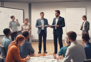 A group of five individuals are in a conference room engaging in a meeting. Four people are seated at a table with laptops and notebooks in front of them, while one person is standing and pointing at a projection on the wall displaying various company logos.