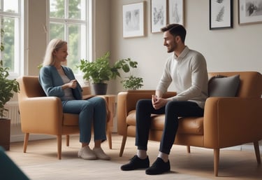 A serene counseling room with comfortable chairs and soft lighting.
