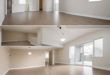 A team of workers clearing out a home filled with boxes and furniture.
