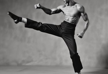 A large group of people dressed in white martial arts uniforms are practicing techniques in a gymnasium with a blue floor. The space has a high ceiling with metal beams and bright lights. There are spectators sitting on an upper level gallery overlooking the group.