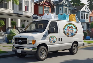 a van with the Larry & Lindas logo on the van in a quiet Seattle Neighborhood