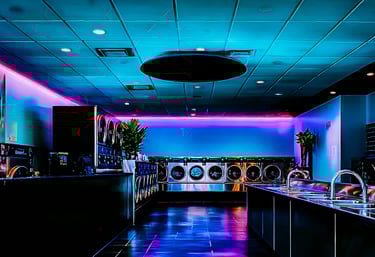 a futuretistic laundromat mat with blue and pink led lights