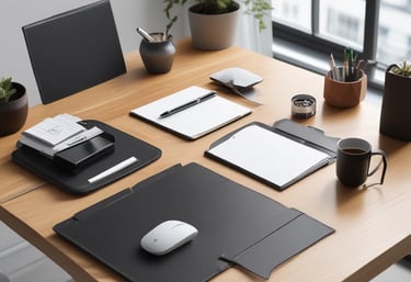 a desk with a mouse and a leather mouse pad