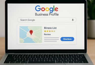 Captura de pantalla de un perfil de empresa en Google Business Profile mostrado en un ordenador port