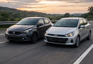 Fiat Argo vs Hyundai HB20 2024 em movimento na rodovia comparativo hatch compacto