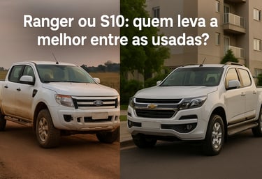 Ford Ranger e Chevrolet S10 usadas lado a lado, comparadas em ambientes rural e urbano, destacando s