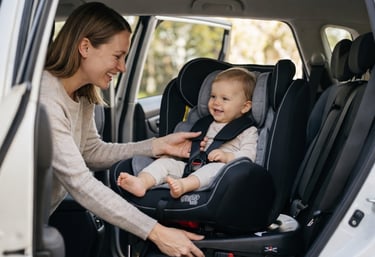 Bebê sentado em cadeira de carro 360 com sistema Isofix enquanto mãe ajusta o cinto