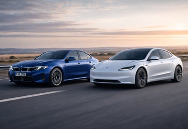 BMW i3 2026 vs Tesla Model 3 lado a lado em comparação na estrada