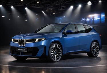 BMW iX3 2026 carro do ano com tecnologia Panoramic Vision em salão de apresentação