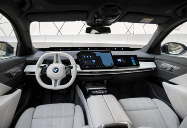 Interior futurista do BMW Série 7 com telas digitais e acabamento de alto luxo